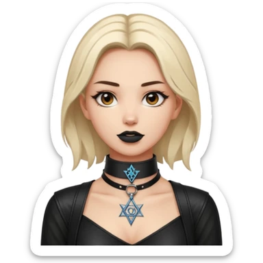 Leather choker with sigil around woman’s neck, pulse visible, dominance tone sticker