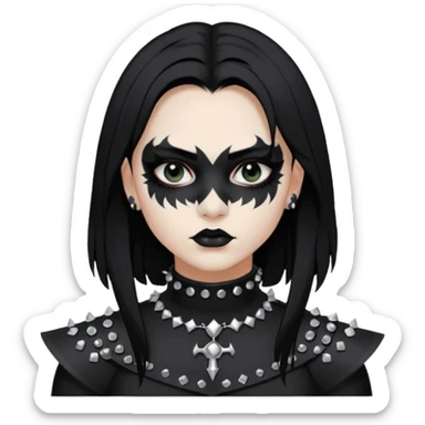 Crea una ragazza con stile black metal,  paint face black metal, capelli neri mossi dalle spalle e occhi bianchi e un collare con borchie a punta sticker