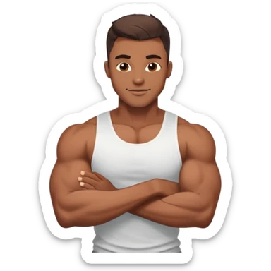 Handsome muscular boyfriend with defined abs, wearing a tank top, strong jawline, darkerr skin, charming smirk, flexing arm, sun-kissed skin, sticker