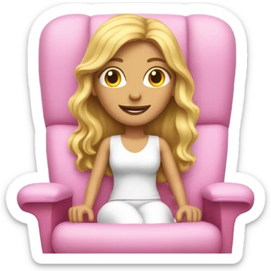 White woman, long hair, blonde hair, wavy hair, pink sun chair sticker