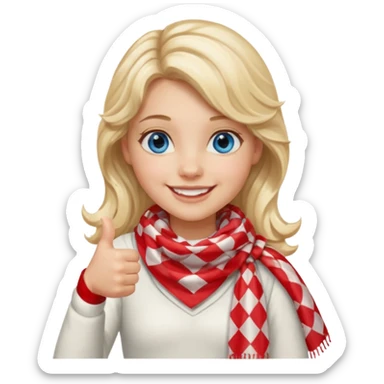 Blonde Girl, Blue Eyes, wavy hair, smiling, thumbs up, wearing red Checkered Triangle scarf, white dress sticker