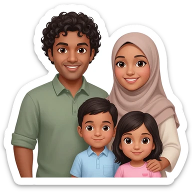 Family of four man woman 1 year old boy and baby girl but make the woman a hijabi and the boy younger man with a low fade pern get rid of the torso infront of woman give tha man curly hair with low fade  add a baby girl bald with a bow sticker