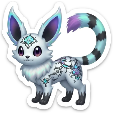 Rare neon iridescent white exotic cute epic aesthetic gothic colorful Salandit-Eevee-Civet-species-Fakemon-hybrid-creature, with intricate tattoo markings, full body sticker