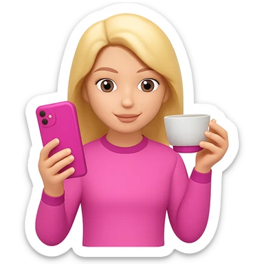Add a phone in her hand, all pink, Gossip Girl vibe, in the style of apple emojis. Remove the background. sticker