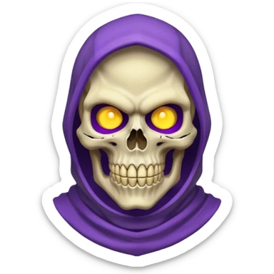 Skeletor, close-up of skull face, glowing yellow eyes, purple cowl sticker