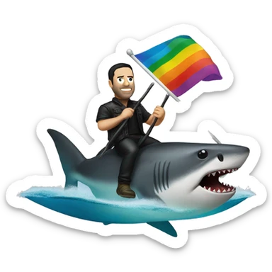 trent reznor  holding gay flag while riding a shark sticker