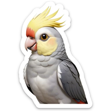 Cinematic Noble Cockatiel Portrait Emoji, Poised and regal, with a slender, delicate build and a beautifully groomed grey fur accented by vibrant yellow cheek patches and a graceful crest, deep-set soulful dark eyes, Simplified yet sharp and sophisticated features, highly detailed, glowing with a soft, dignified glow, high shine, intelligent and charming, stylized with an air of elegance, focused and attentive, soft glowing outline, capturing the essence of a watchful and confident avian companion, so majestic it feels as though it could flutter out of the screen with effortless authority! sticker