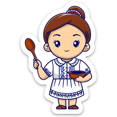 Ukrainian young girl in a white embroidered traditional shirt holding cooking tools like spoon and ladle sticker