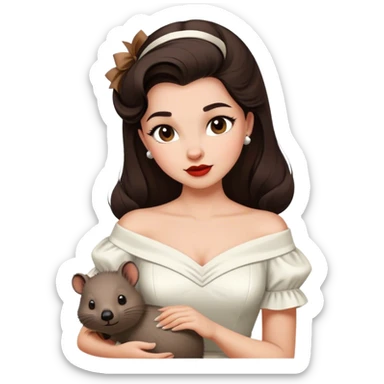 Beautiful woman in 1950’s woman fashion look, off-shoulder white dress, long dark brown hair, wombat sticker