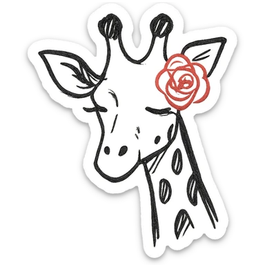 stylized giraffe with a red rose behind her ear, elegant and minimal sticker