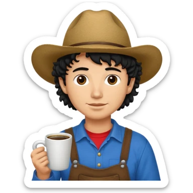 Ranch hand with blue hat and coffee mug, curly black hair, red shirrt sticker