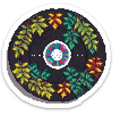 pixel art vinyl record with leaves, retro style, warm muted colors, subtle grain, nostalgic aesthetic sticker