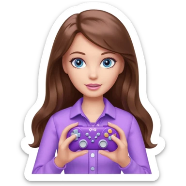 beautiful barbie girl with long brown hair, blue eyes and wearing light purple clothes playing computer games sticker