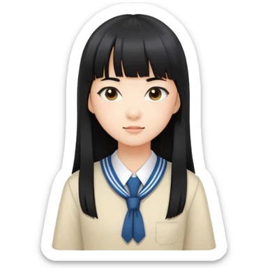 young Asian girl in school uniform, long straight black hair with straight bangs sticker