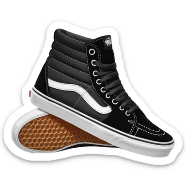 Pair of black Vans Sk8-Hi high top sneakers with white stripe, one positioned behind the other, showing the signature side stripe, black canvas and suede sticker