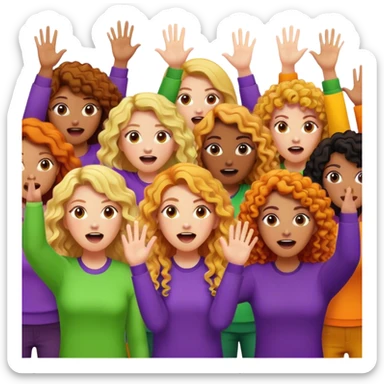 Ladys with blonde curly long hair, black curly long hair and hinge curly long hair with purple, green, orange and yellow clothes putting their hands up and shouting  sticker