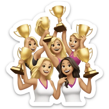 Seven beautiful blonde and Latina women celebrating with 1 huge gold trophy sticker