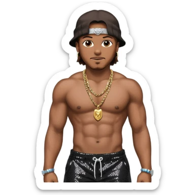 Mystikal, Rapper with dark brown hair, black sequin baggy pants, shirtless with necklace sticker