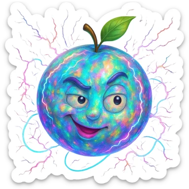 Make the Uranus emoji more eccentric with an opal-like iridescent texture. Add wild, electric, chaotic energy and a playful, unconventional face. Keep the background transparent. sticker
