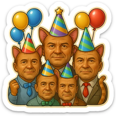 Make the six cats look more like men in their forties, with subtle masculine facial features, mature expressions, and hints of age, while keeping the festive birthday party emoji style. Preserve the transparent background. sticker
