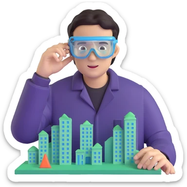 man making a model of a building wearing transparent protective safety glasses sticker