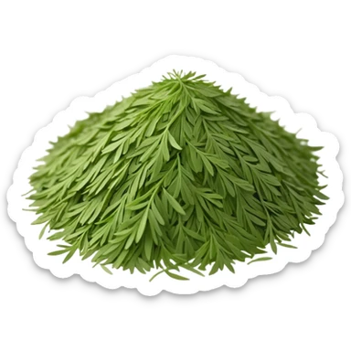 loose sprinkle of fine, feathery green herb flakes, dry airy texture, muted earthy green tones, delicate thread-like pieces, unevenly scattered, evoking dried dill leaves, soft lighting, subtle shadows, emoji scale sticker