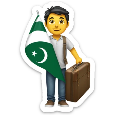Smiling with tear drop, holding a suitcase and Pakistan flag sticker