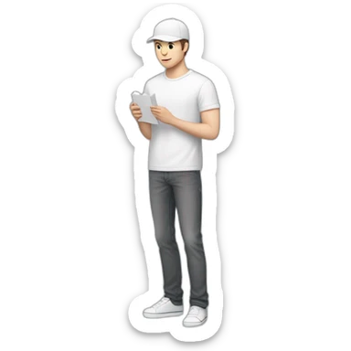 Pale skinned fit Man with dark brown hair in a light gray cap, dark brown jeans, brown polo and white T-shirt keeping a pasted with tape white box into his hands sticker