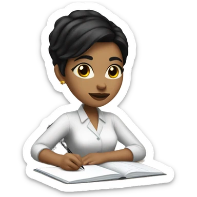 white skin woman with short black hair writing  a notebook on a desk sticker