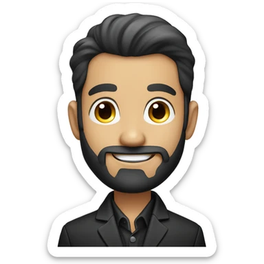 Smiling businessman with a neatly trimmed beard, wearing a black jacket, hand resting on his chin, with a confident and approachable expression. sticker