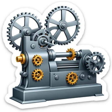 An icon featuring a giant machine tool in a factory workshop, symbolizing mechanical engineering. The design includes gears, levers, and mechanical components, representing the design and manufacturing of machinery. Transparent background highlights the precision and i sticker