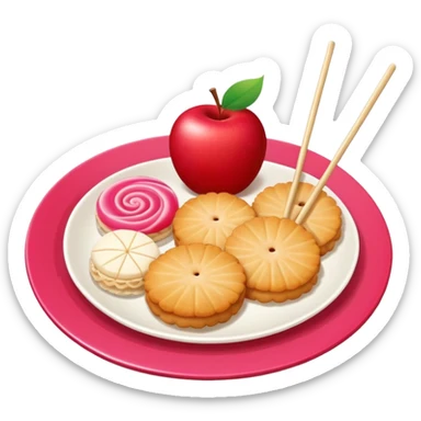 A combination of red apple, fish cake with pink swirl (narutomaki), rice cracker (senbei), and dango on a stick arranged together as a food plate sticker