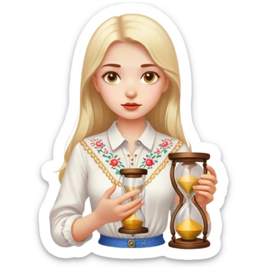 A Ukrainian girl in a white embroidered shirt holds an hourglass in her hands sticker