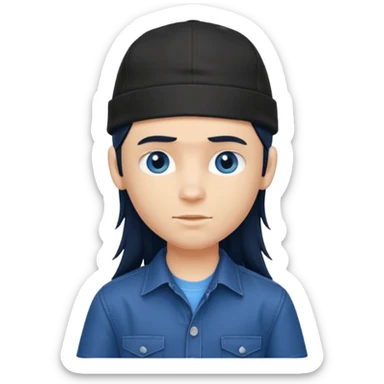 generate a pretty bratz boy wearing a dark blue button up shirt, long black mullet hair. 

Dark blue cap on head sticker