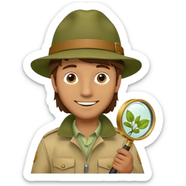  man with brown hair in beige moss green explorer outfit, hat, holding magnifying glass, smile sticker