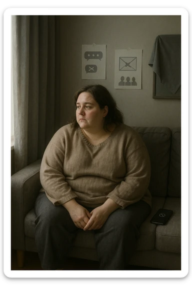 Donna tra i 30 e i 40 anni seduta sola su un divano, con espressione malinconica e corpo visibilmente appesantito. Indossa abiti larghi, avvolgenti, e guarda fuori dalla finestra mentre il telefono è spento o con notifiche ignorate accanto a lei. Sullo sfondo, si notano segnali di vita sociale assente: messaggi non letti, inviti ignorati, foto di gruppo a cui non partecipa. L’atmosfera è silenziosa, con luce grigia e ambiente spento. Intorno a lei, simboli di ritiro e insicurezza: tende chiuse, specchio coperto, postura chiusa. Stile realistico, tono delicato ed emotivo sticker