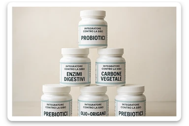 montagna di barattoli di integratori contro la SIBO con etichette in italiano sticker