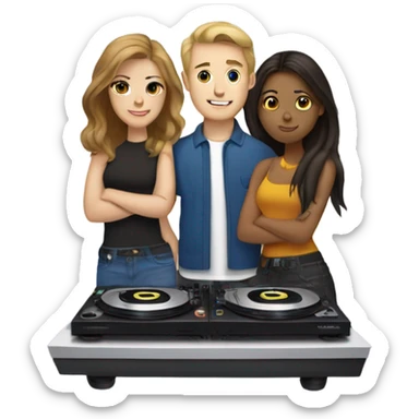3 people: a white girl, a brown girl, and a white guy behind DJ turntables together sticker