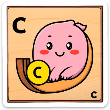 A cartoon wooden alphabet block with letter C and a cute face with rosy cheeks sticker