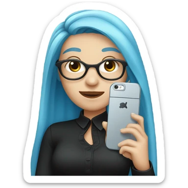 white skin girl with long blue hair in black clothes holding a phone sticker