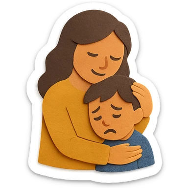 mother hugging a sad child, layered paper look, textured sticker