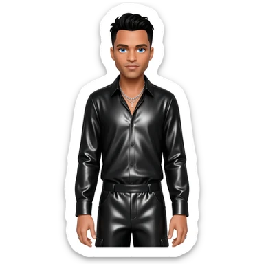 Robin Thicke with blue eyes, black hair, black metallic shirt, black metallic baggy pants, silver necklace sticker