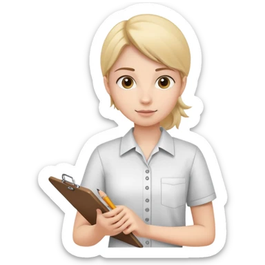 intern or volunteer holding a clipboard and pencil, ready to take notes or assist. The character wears a simple shirt and has an eager posture sticker