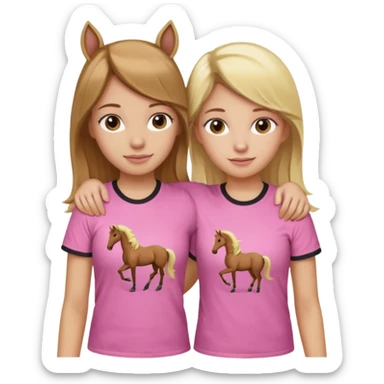 Two Girls with their arms around each other at summer camp one blonde one brown hair brown hair wearing pink horse shirt sticker