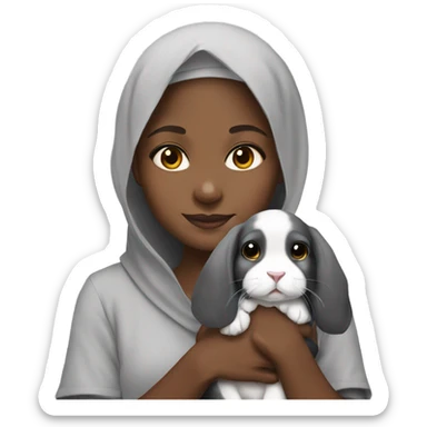 Black Muslim girl holding her 3 cute gray holland lop sticker