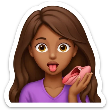 a girl with brown long hair and brown eyes holding her neck with her tongue out sticker