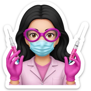laboratorista con guantes rosa y mascarilla rosa  jeringa tubos  pelo negro largo triguella sticker