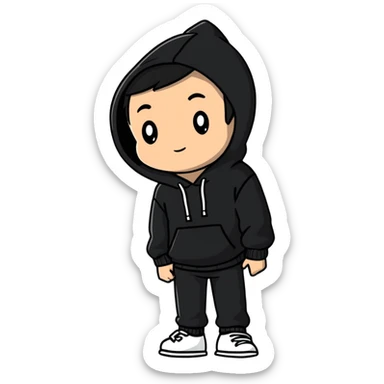 niño con jersei negro, pantalón negro y capucha sticker
