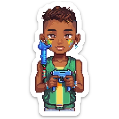 brown-skinned boy with a low taper fade haircut, septum piercing, two eyebrow slits on his left eyebrow, holding a watergun, pixel art style sticker