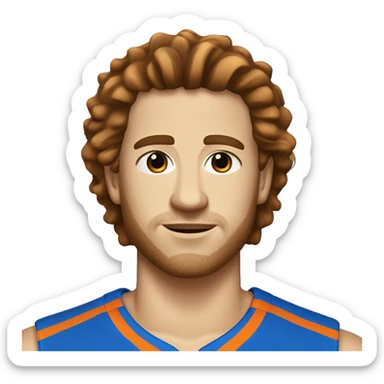 White guy with brown hair wearing a blue basketball jersey with orange pin stripe. Number 24 sticker